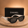 CHANEL Two-Tone Rectangular Sunglasses – Black Frame with White Temples & Silver CC Logo