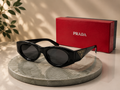 PRADA Black Oval Sunglasses with Enamelled Triangle Logo Temples
