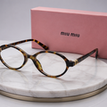 MIU MIU Tortoiseshell Oval Eyeglasses – Havana Acetate Frame with Gold Logo