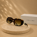 CELINE Dark Tortoiseshell Geometric Rectangular Sunglasses – Brown Gradient Lenses with Gold Triomphe Logo