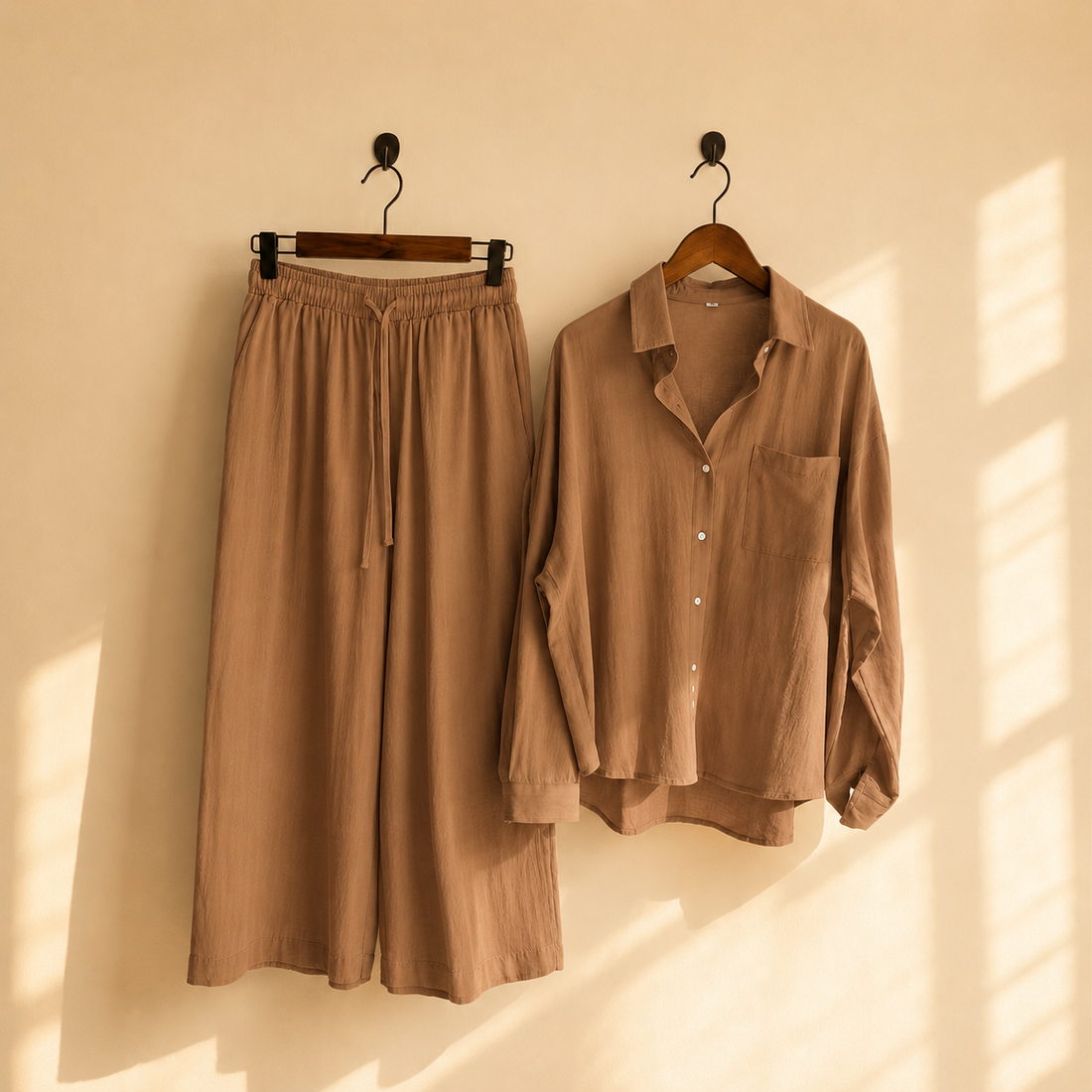 Premium Cotton Linen Lounge Co-Ord Set – Oversized Button-Down Shirt & Wide-Leg Pants Two-Piece Matching Suit