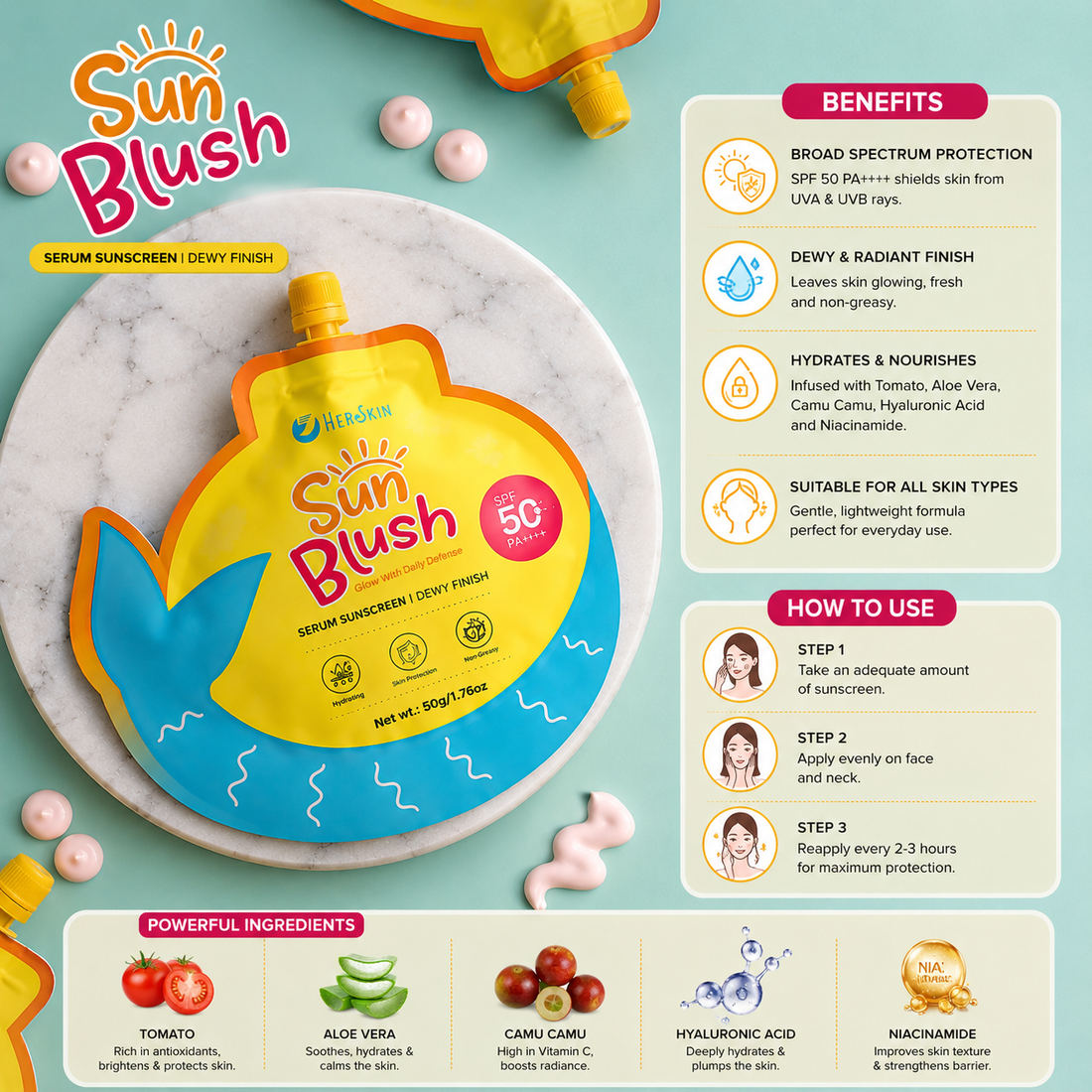 HerSkin Sun Blush Serum Sunscreen SPF 50 PA+++ – Dewy Finish 50g