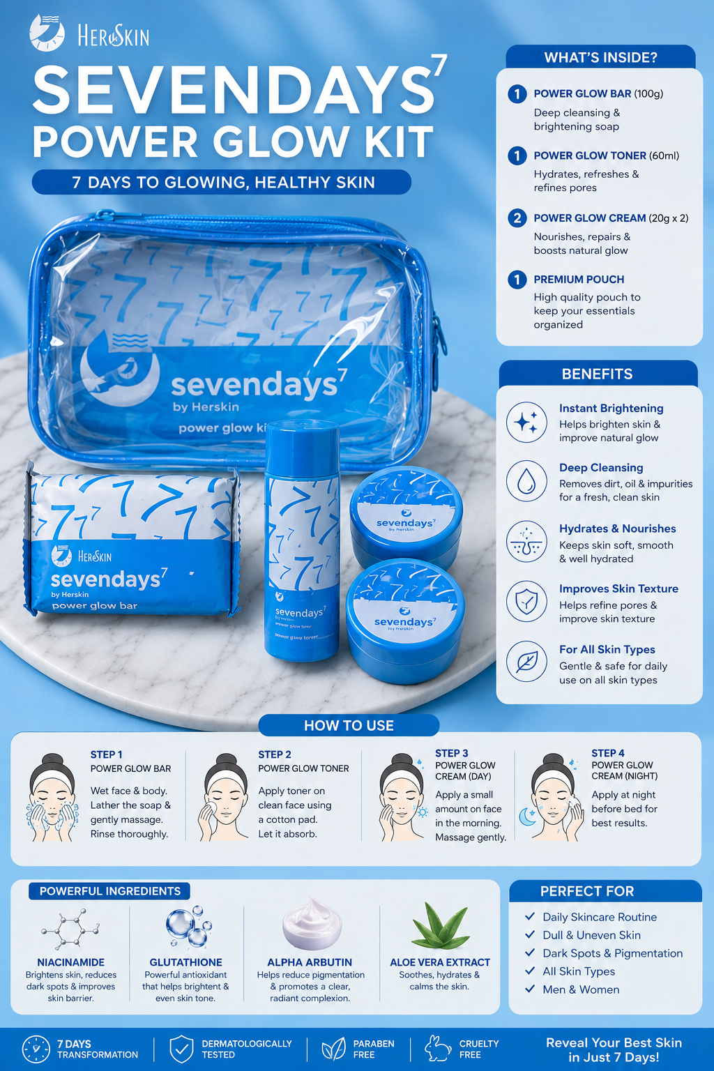 HerSkin Sevendays⁷ Power Glow Skincare Kit – Complete 4-Step Daily Routine
