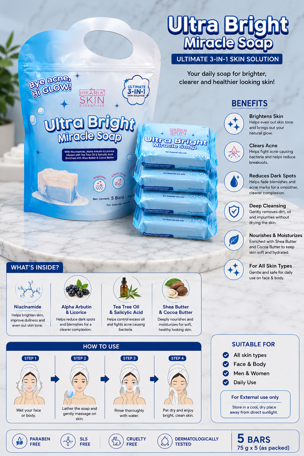 Hikari Skin Essentials Ultra Bright Miracle Soap – 3-in-1 Brightening & Cleansing Pack of 5