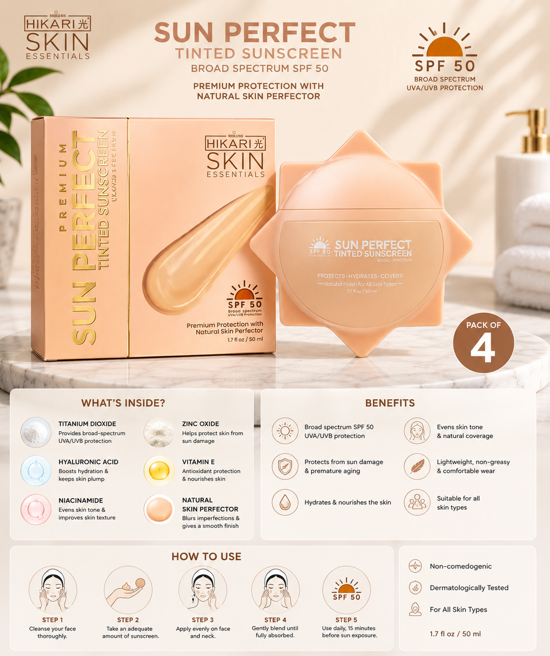 Hikari Skin Essentials Sun Perfect Tinted Sunscreen SPF 50 – Natural Skin Perfector 50ml