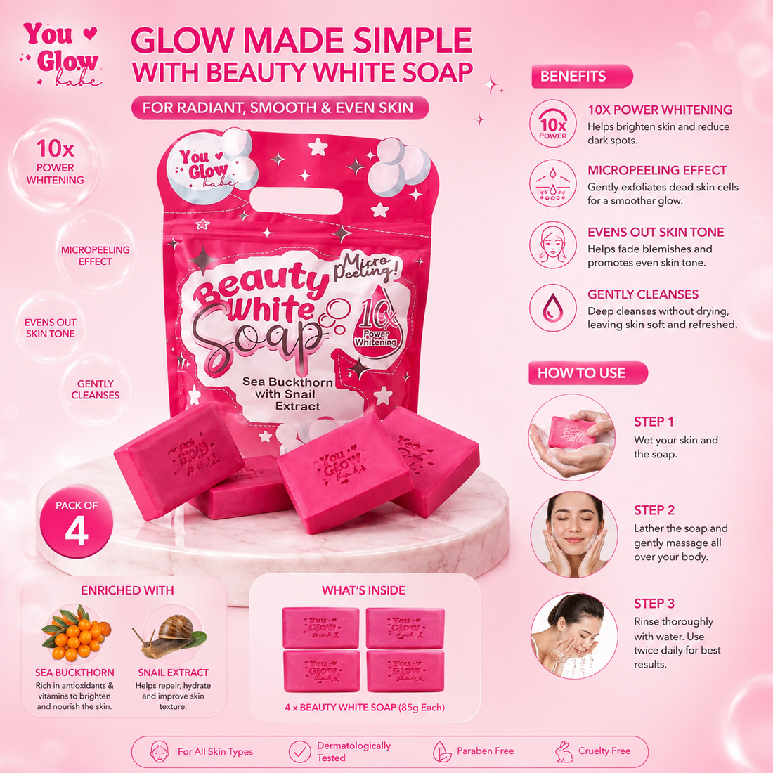 You Glow Babe Beauty White Soap – Sea Buckthorn & Snail Extract Micro-Peeling Brightening Soap, 4 × 85g
