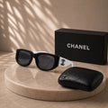 Chanel Rectangular Sunglasses in Black Front & White Temples with Dark Lenses